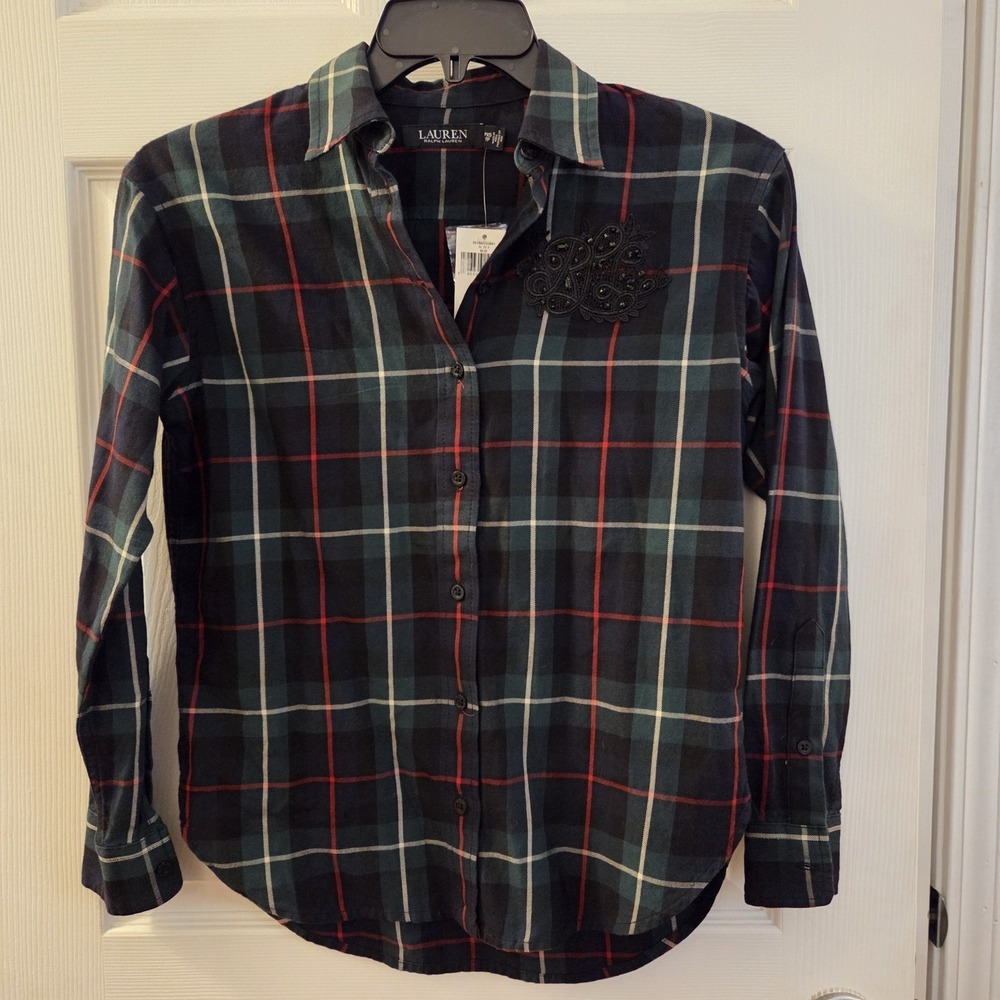 Ralph Lauren sz XS petite blue/grn plaid button up shirt NWT beaded classic